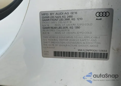 2016 Audi Q5 Premium Plus из США, поврежденный, VIN WA1L2AFP0GA110644